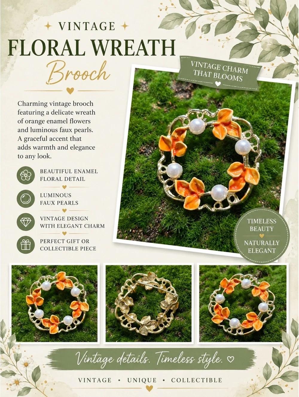 Vintage Floral Wreath Brooch with Orange Enamel Flowers and Faux Pearls